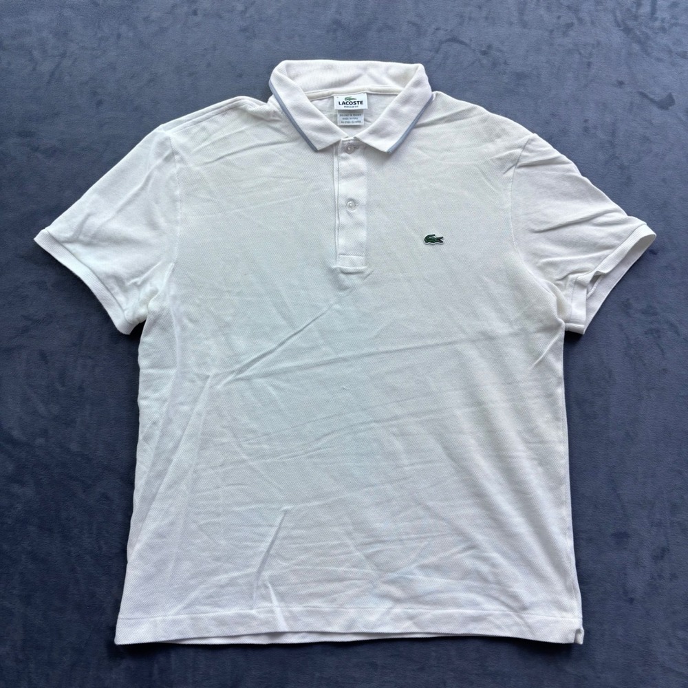 Lacoste Regular Fit Polo Shirt Mens 5 Cream White Tipped Collar Logo Pique
